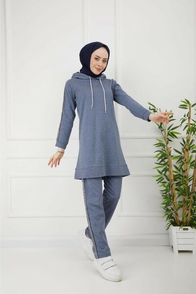 CNG MODA Γυναικεία φόρμα Indigo με κουκούλα με ριγέ μανίκια