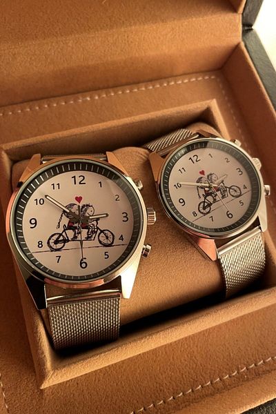 Leerybee Silver Color Bicycle Pattern Lover's Watches Couple Combination