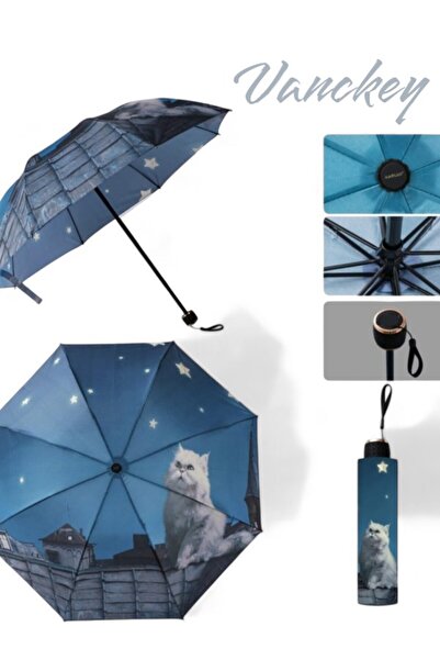VANCKEY Çatı Da Kedi Desenli  gece ay yıldız 8 Telli Manuel Rüzgara Dayanıklı Şemsiye M21mar611