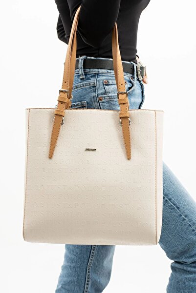 Just Polo Kadın Krem-taba Gofraj Baskılı Büyük Boy Omuz Çantası-j4067