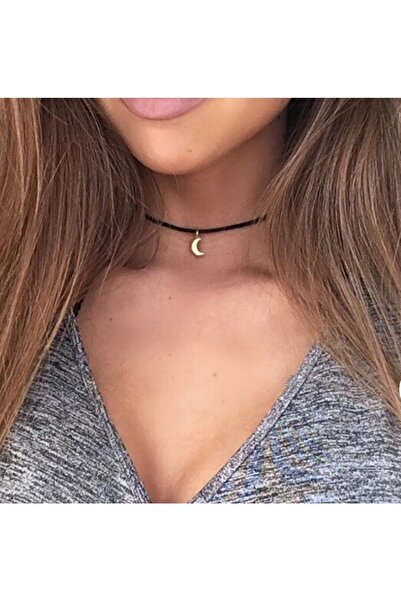 Nishstyle Gümüş Renk Ay Uçlu Siyah Güderi Choker Kolye