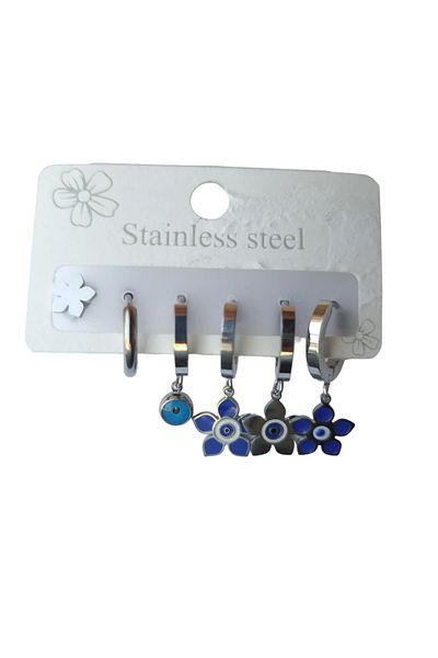 petrimor Steel Silver 6-Piece Evil Eye Bead Detailed Flower Earrings