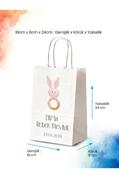 nna tasarım 50 Adet Tek Yön Kişiye Özel Isim Baskılı Mevlid Hediyeliği Kağıt Çanta/poşet 18x8x24 Cm (BT100-50)