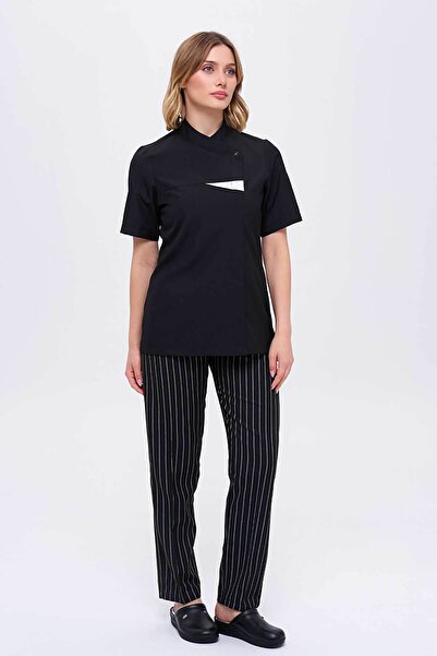 TIPTEKS Kadın Garnili Royal Kısa Kol Siyah Aşçı Ceketi Ve Kalın Çizgili Panto...