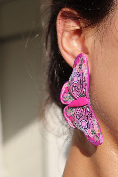 Gizy Store Pink Big Butterfly Earrings - Polymer Clay Handmade Studded