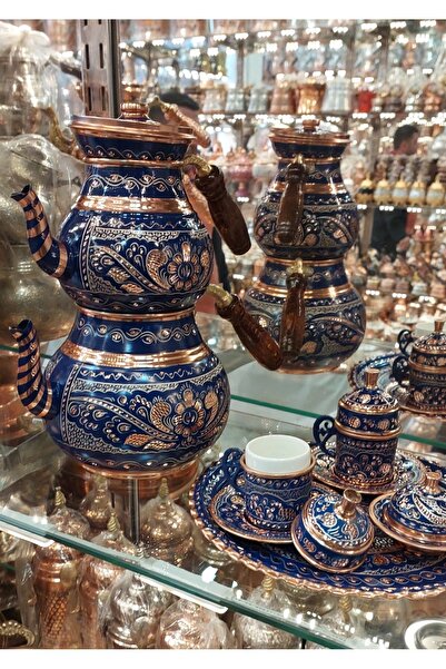 Bakır Center Çeyiz Seti 2'li Set Bakır Fincan Takımı 2 Kişilik & Bakır Çaydanlık Türk Kahvesi Bakır Kahve Takımı