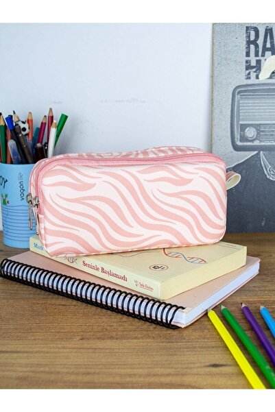 OneSize Kalem Kutusu Zebra Pembe Desen İki Bölmeli Vegan Deri (Çift Gözlü Kalemlik)