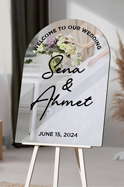 AHWART Düğün & Nişan Lüks Gümüş Pleksi Aynalı Siyah Yazılı Karşılama Panosu