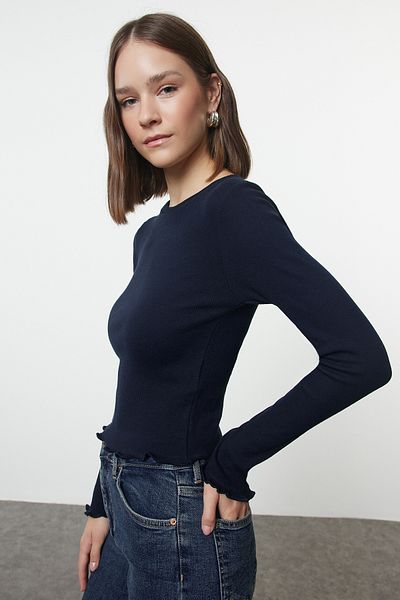 Trendyol Collection Pružná halenka se šňůrou v námořnické modré KnittedCropBlouse – padnoucí na tělo, Twoaw25bz00167