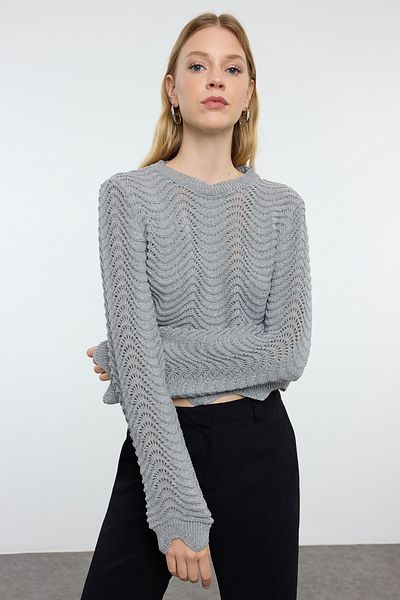 Trendyol Collection Crew Neck Gray Knitwear Sweater - Openwork/Hole, Crop, Twoaw25Kz00346