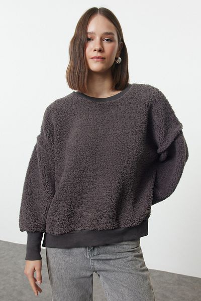 Trendyol Collection Antracitový plyš - Pohodlný střih mikina s výstřihemTwoaw25sw00071