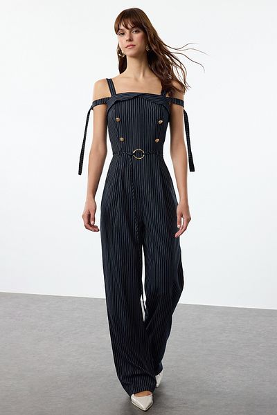 Trendyol Collection Navy Blue Striped - Long Jumpsuit with Adjustable Sleeves and Belt Twoaw25Tu00017