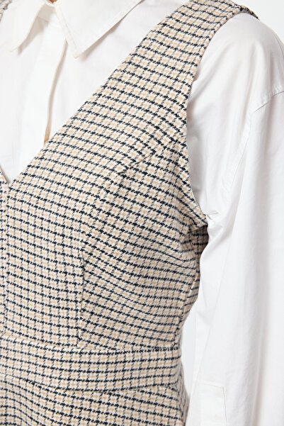 Trendyol Collection Beigefarbenes Mini-webkleid – Kariertes/kariertes Weste, Twoaw25el00484