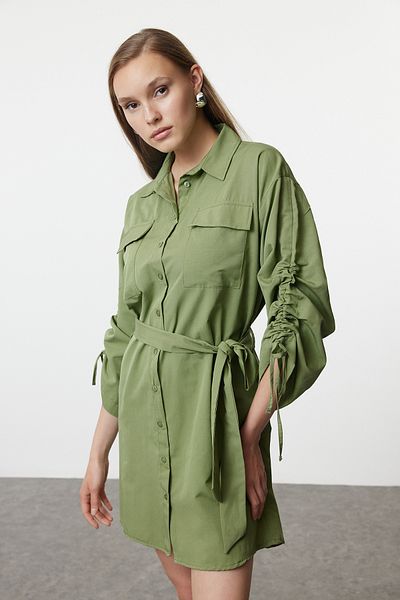 Trendyol Collection Φόρεμα Χακί Μίνι Πουκάμισο - Λεπτομέρεια με τσέπη και Shiring, υφαντό, Twoaw25el00187