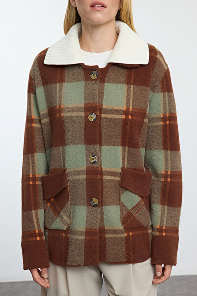 Trendyol Collection Premium Brown Plaid Knitwear Cardigan - Coat Look Twoaw25Hi00023