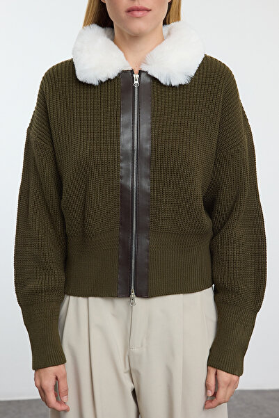 Trendyol Collection Zippered Khaki Knitwear Cardigan - Furry Leather Detail, Twoaw25Hi00186