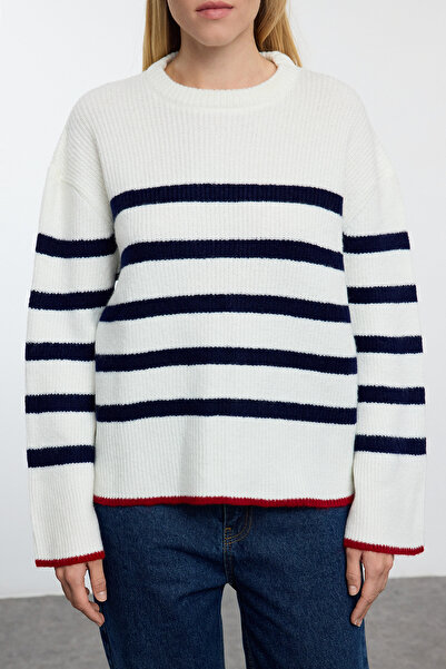 Trendyol Collection Wide Fit Ecru Striped Soft Knitwear Sweater - Twoaw25Kz00256