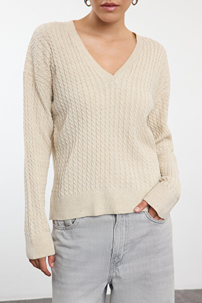 Trendyol Collection Široký střih a pletenina do vlasů s kamenným pleteným svetrem - Twoaw25kz00294