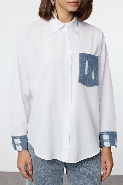Trendyol Collection Ecru Oversize Woven Shirt - Denim Detail, Wide Fit, Pocket and Cuff Twoaw25Go00047