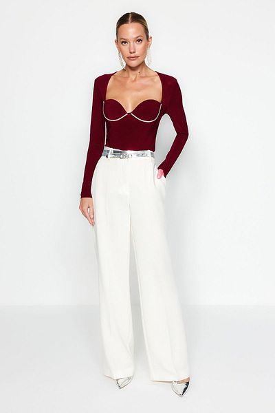 Trendyol Collection Body Roșu Claret Detaliat în Piatră - TPRAW24BD00024