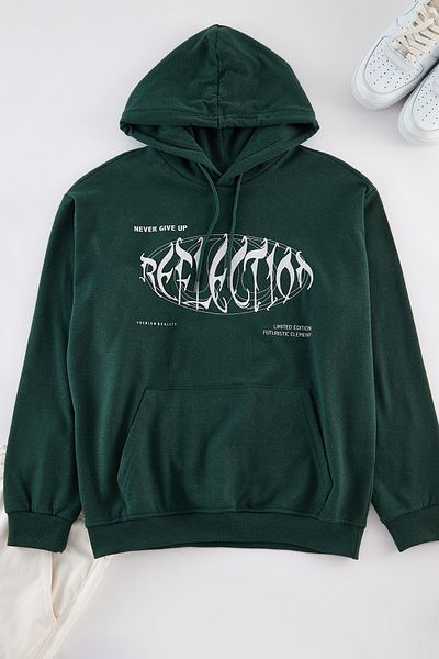 Trendyol Collection Zelená oversize fleecová mikina s kapucí – vyšívaný potisk, Tmnaw25Sw00018