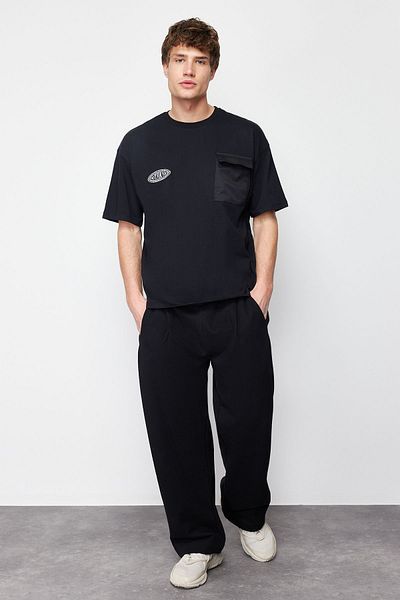 Trendyol Collection Black Oversize Printed Cotton T-Shirt with Pocket Detail, 100% Cotton, Plus Size Tmnss24Bf00026