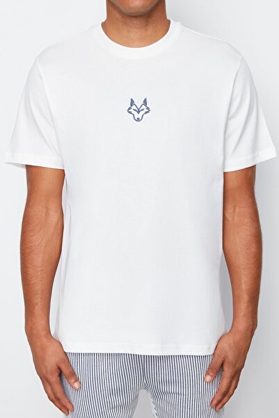 Trendyol Collection Ecru Embroidery Plus Size Cotton T-Shirt - Tmnss24Bf00045