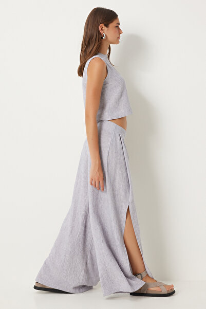 Happiness İstanbul Szürke vászonblúz és bő nadrág szett - hasított részletes FN03271