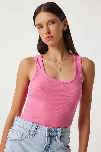 Happiness İstanbul Pink Ribbed Thick Strap Women's Knitted Undershirt - HJ00009