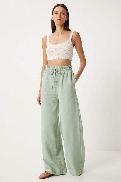 Happiness İstanbul Green Linen Viscose Women's Palazzo Trousers - FN03287