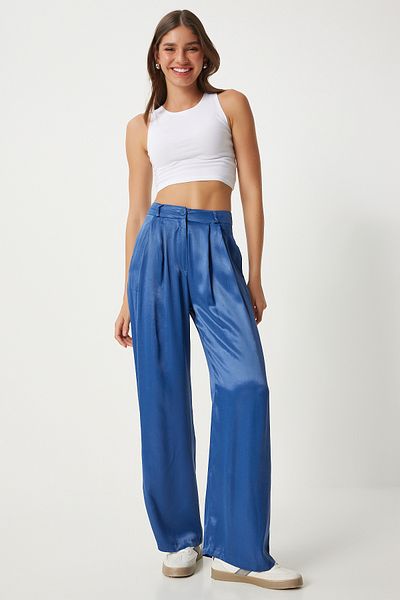 Happiness İstanbul Indigo Blue Satin Palazzo Women's Trousers - FN03270