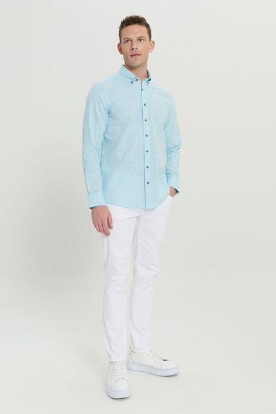 ALTINYILDIZ CLASSICS Türkisfarbenes Slim-Fit-Flam-Hemd für Herren – Leinenoptik, 100 % Baumwolle, Knopfkragen