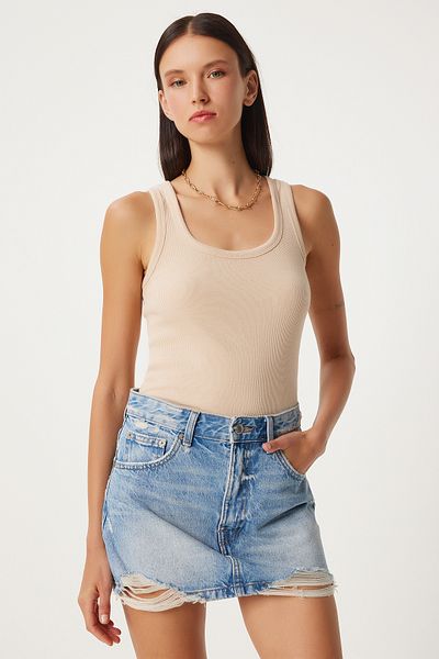 Happiness İstanbul Women's Cream Biscuit 2-Piece Ribbed Tank Top - Thick Strap HJ00010