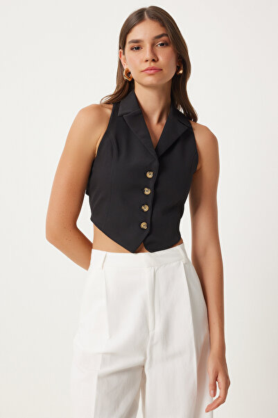 Happiness İstanbul Women's Black Vest with Tie Detail - TO00150
