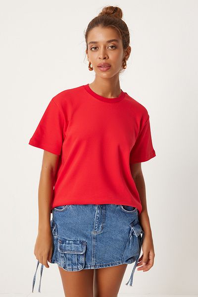 Happiness İstanbul Rotes Damen T-Shirt - Rundhals, 100% Baumwolle, FN03265