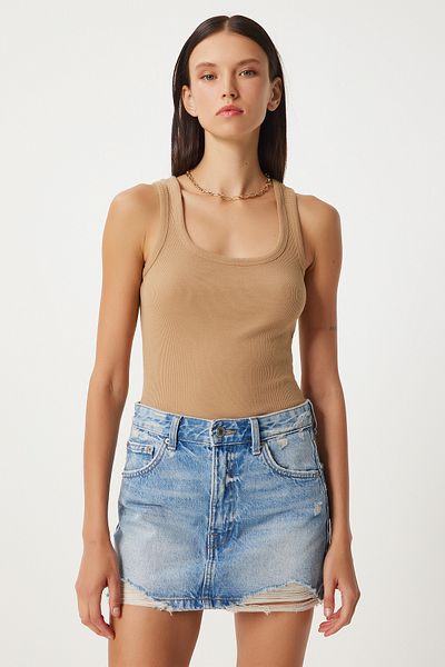 Happiness İstanbul Women's Corded Knitted Undershirt - Thick Strap, Biscuit HJ00009