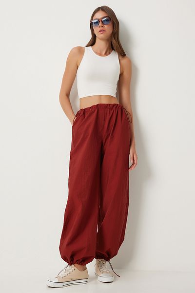 Happiness İstanbul Ziegelfarbene Damen-Fallschirm-Baggy-Hose - mit Taschen FN03274