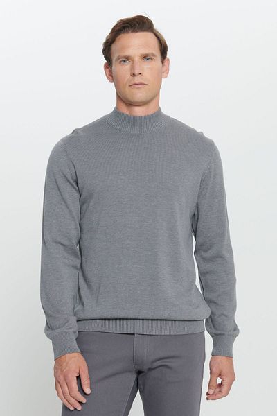 ALTINYILDIZ CLASSICS Gray Melange Men's Knitwear Sweater - Standard Fit, Half Turtleneck, Cotton