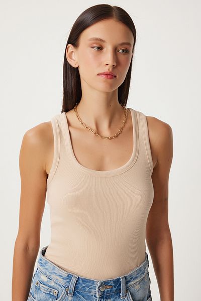 Happiness İstanbul Women's Corded Cream Tank Top - Thick Strap, Knitted HJ00009