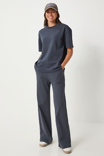 Happiness İstanbul Smoked Damen Strick-Trainingsanzug-Set - T-Shirt FN03273