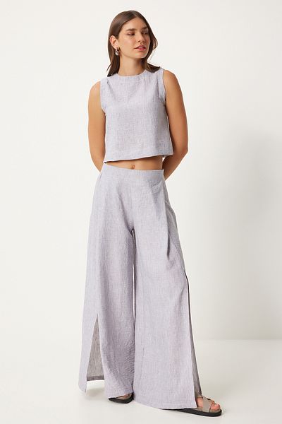 Happiness İstanbul Gray Linen Blouse and Loose Trousers Set - Slit Detailed FN03271