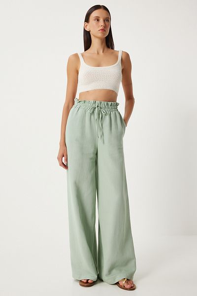 Happiness İstanbul Green Linen Viscose Women's Palazzo Trousers - FN03287