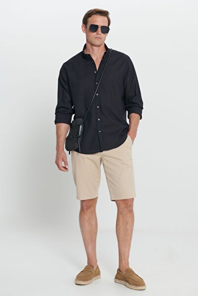 ALTINYILDIZ CLASSICS Altınyıldız Classics Erkek Siyah Comfort Fit Rahat Kesim Düğmeli Yaka Keten Gömlek