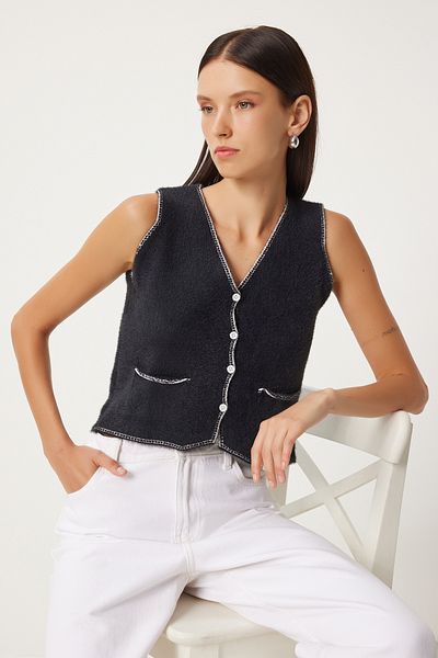 Happiness İstanbul Black V-Neck Bearded Women's Knitwear Vest - YY00219
