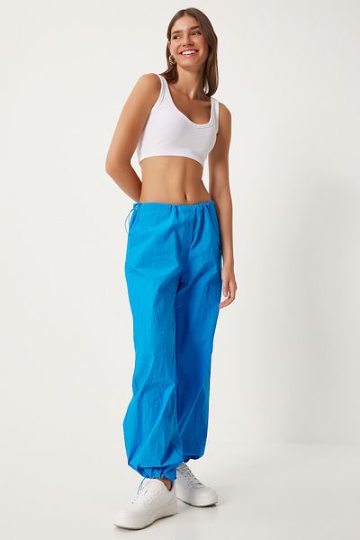 Happiness İstanbul Blaue Shalwar-Hose aus Fallschirmstoff für Damen – mit Taschen FN03274