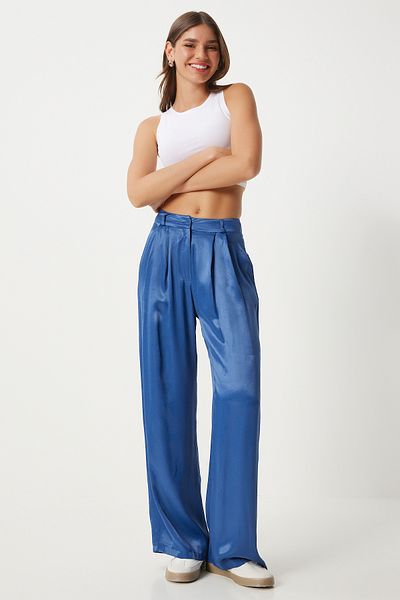Happiness İstanbul Indigo Blue Satin Palazzo Women's Trousers - FN03270