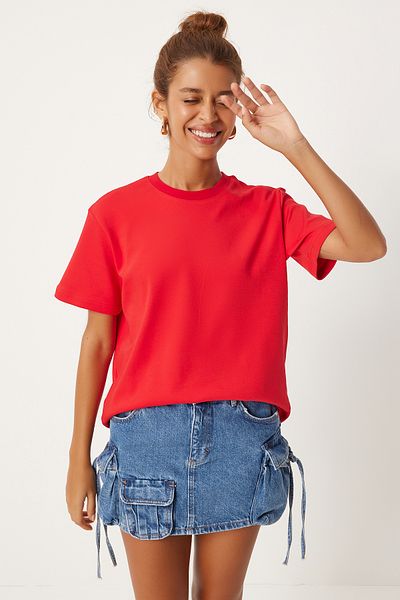 Happiness İstanbul Rotes Damen T-Shirt - Rundhals, 100% Baumwolle, FN03265