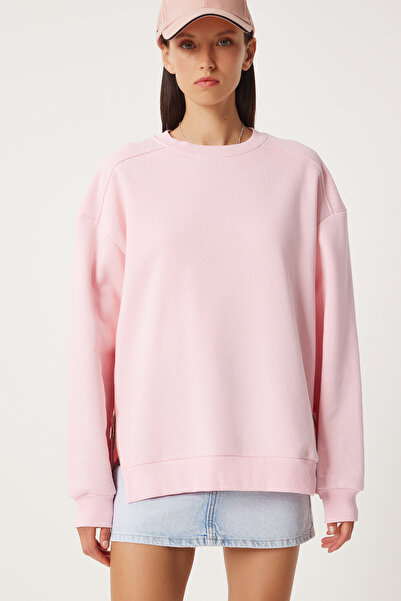 Happiness İstanbul Γυναικείο πλεκτό φούτερ με φερμουάρ ροζ UB00148