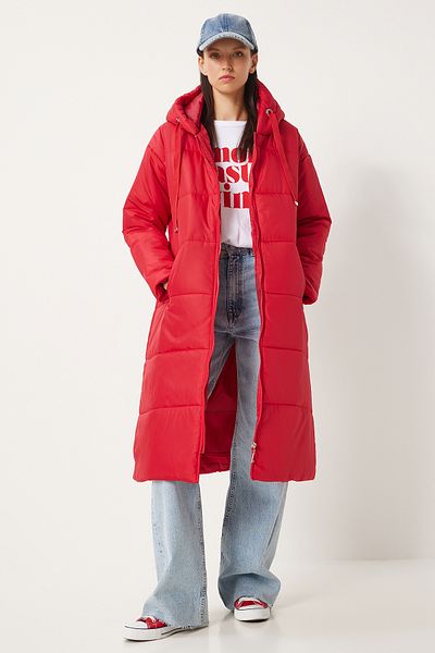 Happiness İstanbul Roter, langer Puffermantel mit Kapuze für Damen - DD01006