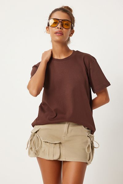 Happiness İstanbul Braunes Damen-T-Shirt mit Rundhalsausschnitt, 100 % Baumwolle – FN03265